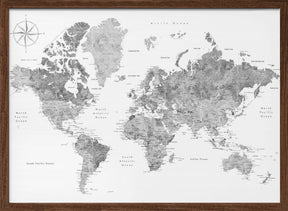 Grayscale watercolor world map with cities, Rylan Poster