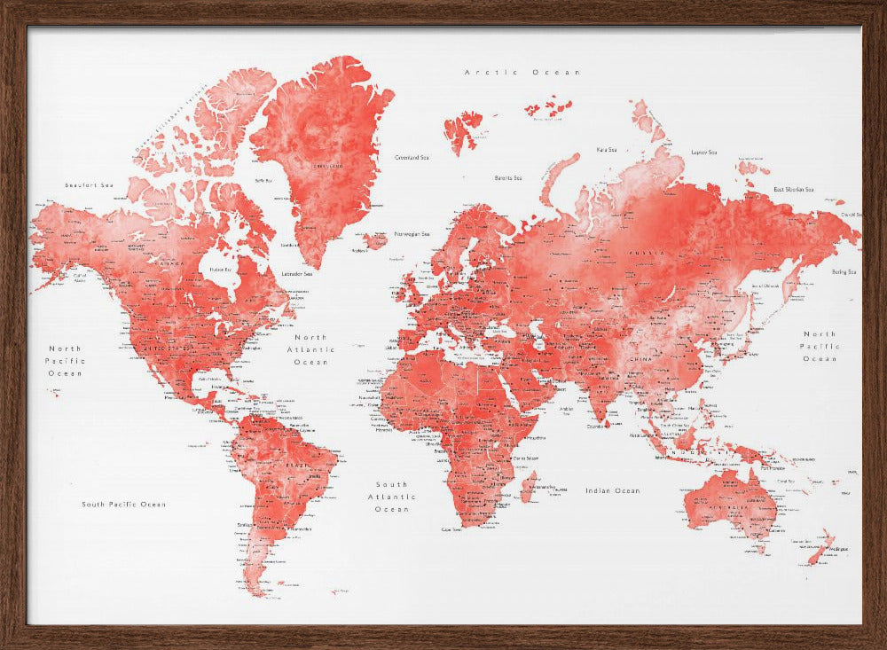 Watercolor world map with cities, Coralinah Poster