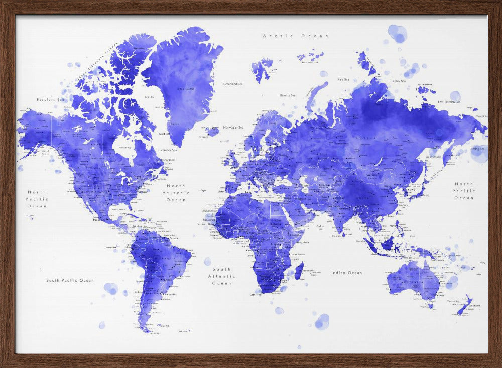 Watercolor world map with cities, Uyen Poster