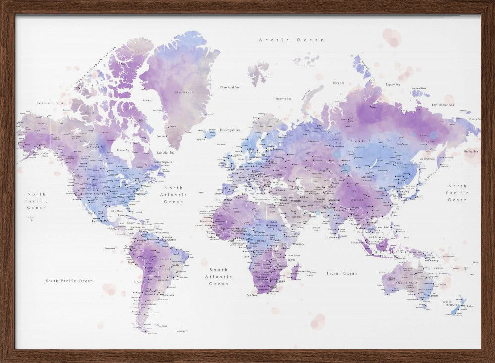 Watercolor world map with cities, Gina Poster