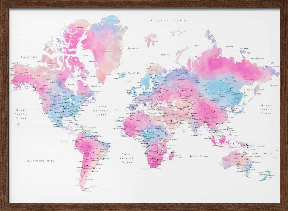 Watercolor world map with cities, Keahi Poster