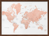 Rose gold world map with cities, Hadi Poster