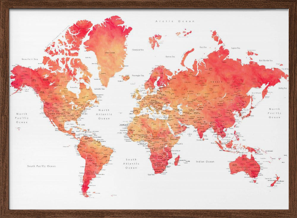 Watercolor world map with cities, Keats Poster