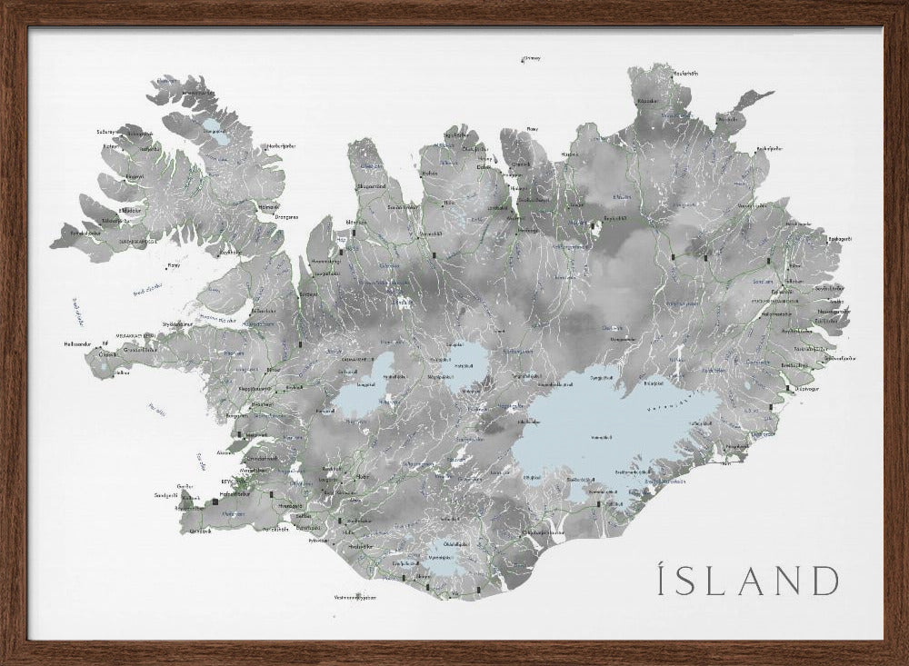 Island - Iceland map in gray watercolor with native labels Poster