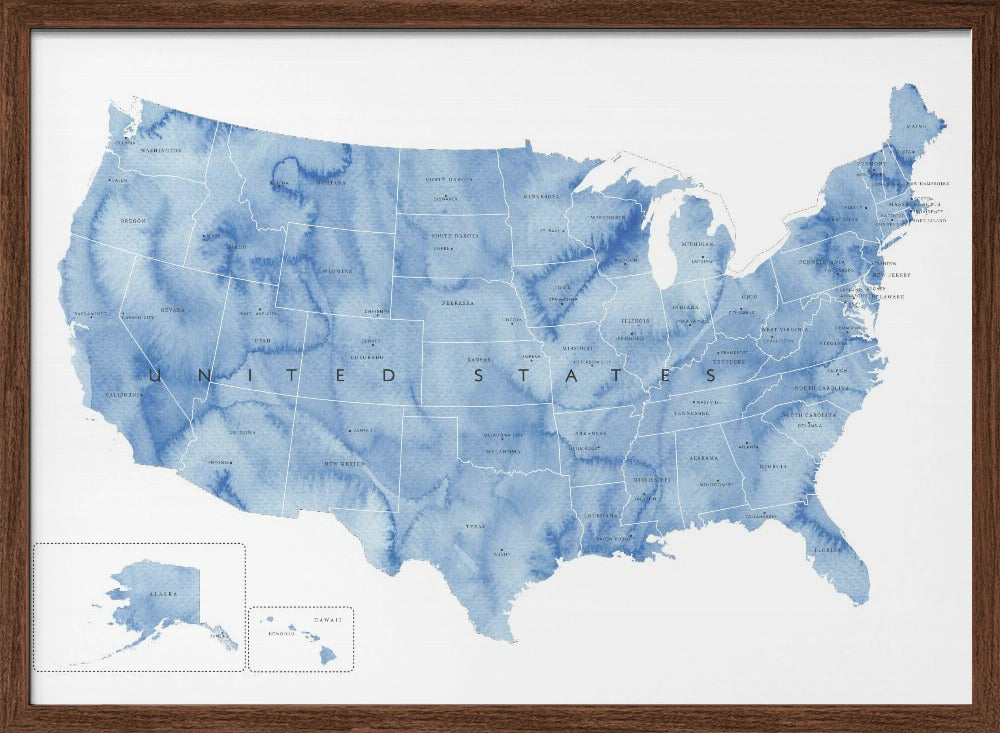 Blue watercolor map of the USA with states and state capitals Poster