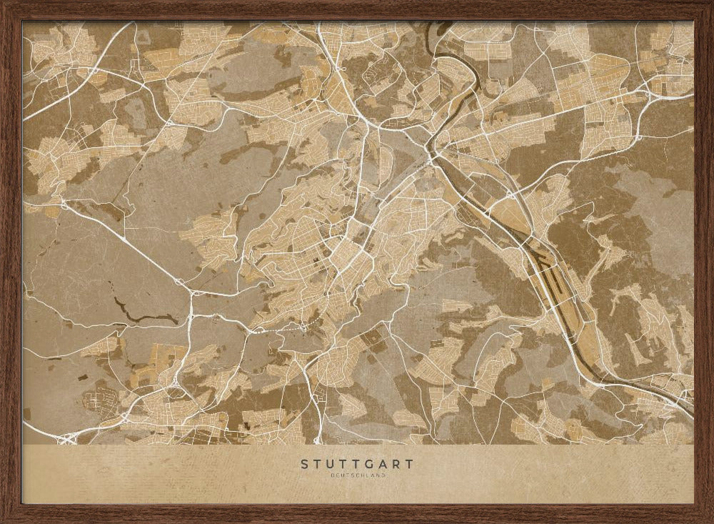 Sepia vintage map of Stuttgart downtown Germany Poster