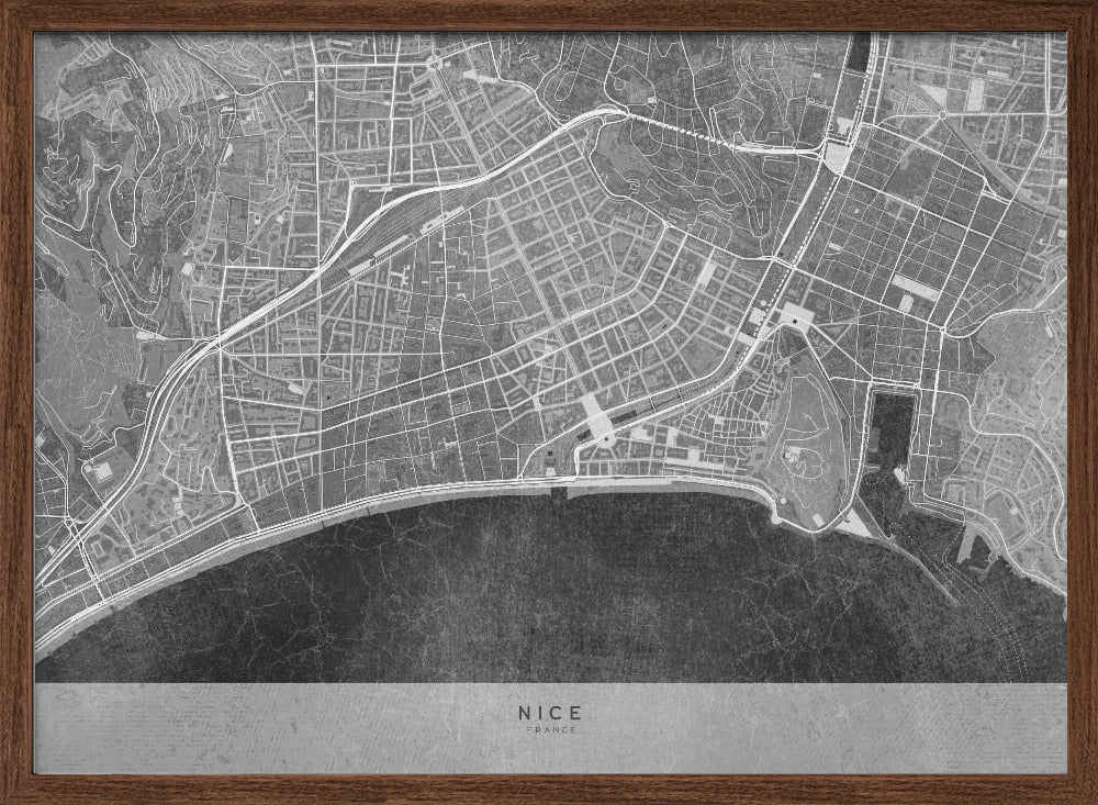 Gray vintage map of Nice downtown France Poster