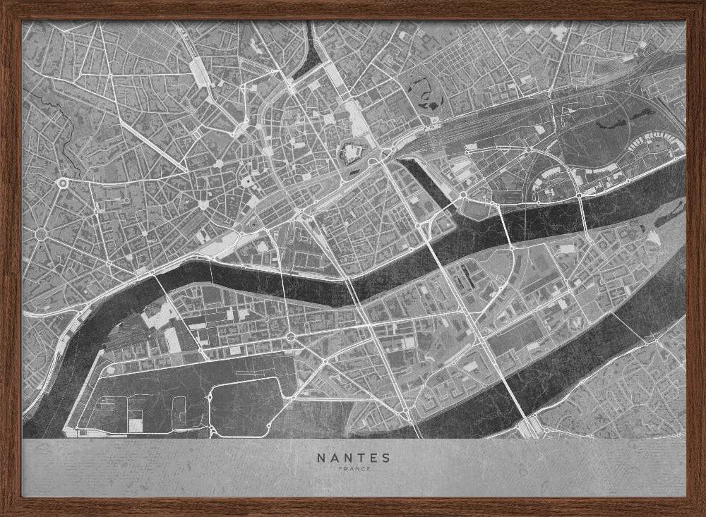 Gray vintage map of Nantes downtown France Poster