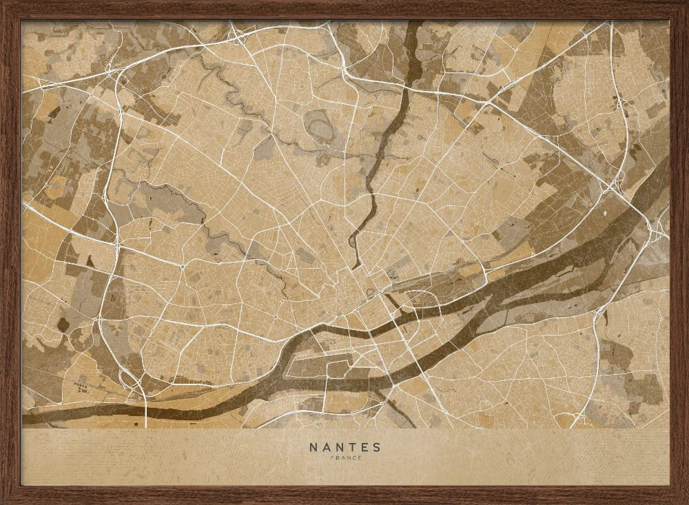 Sepia vintage map of Nantes France Poster