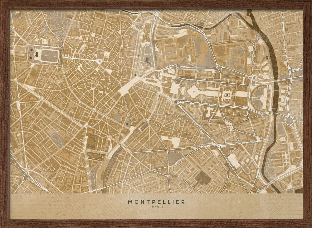 Sepia vintage map of Montpellier downtown France Poster