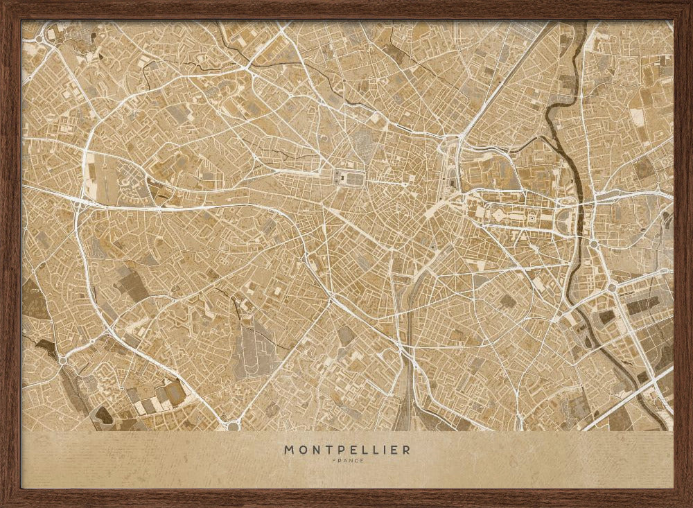 Sepia vintage map of Montpellier France Poster