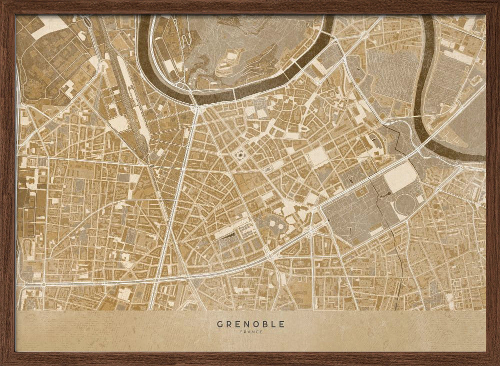 Sepia vintage map of Grenoble downtown France Poster