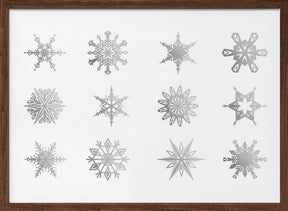 Twelve geometric snowflakes in gray Poster