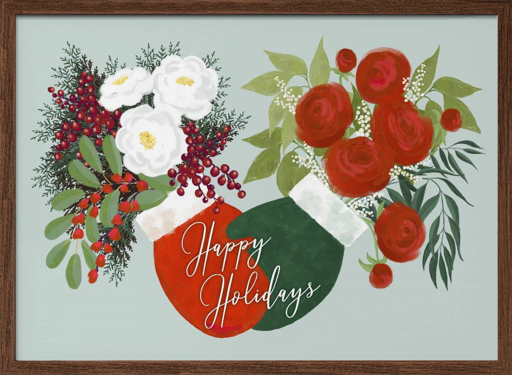 Floral mittens Happy holidays in mint Poster