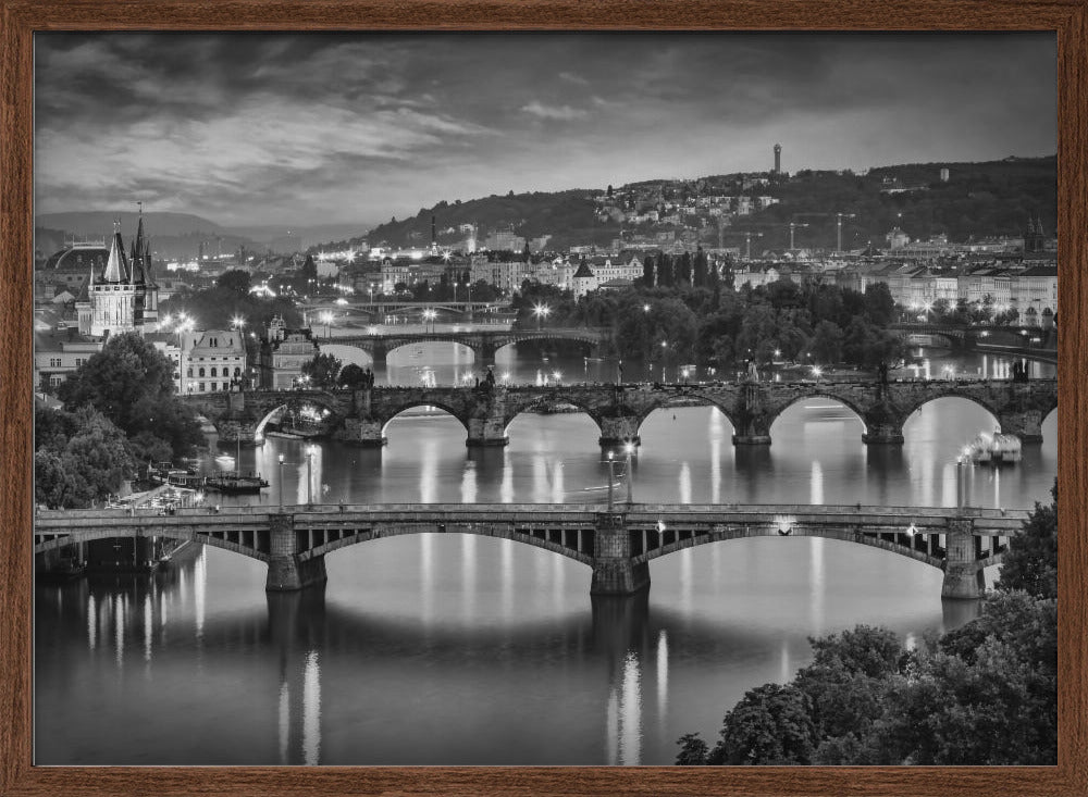 Evening view over the Vltava bridges in Prague - Monochrome Poster