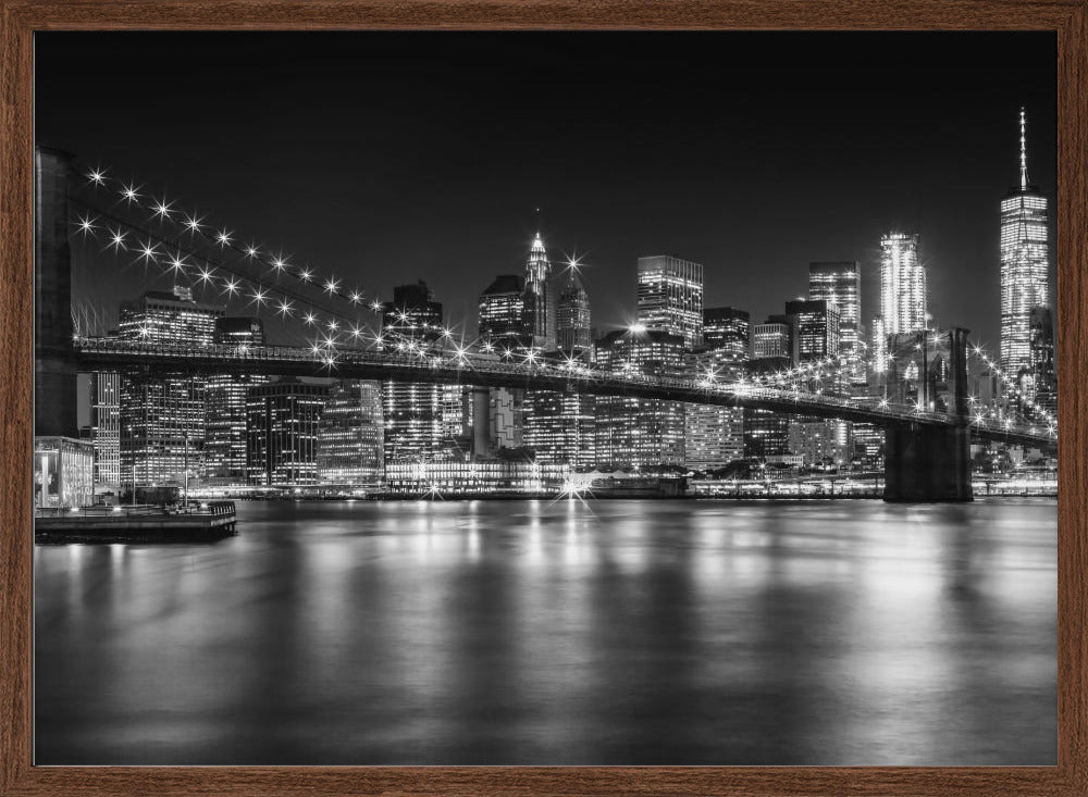 MANHATTAN SKYLINE &amp; BROOKLYN BRIDGE Idyllic Nightscape - Monochrome Panoramic Poster