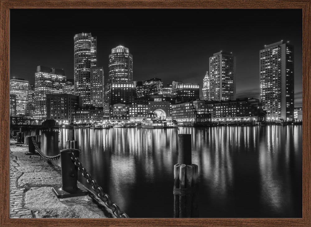 BOSTON Fan Pier Park &amp; Skyline at night - monochrome Poster