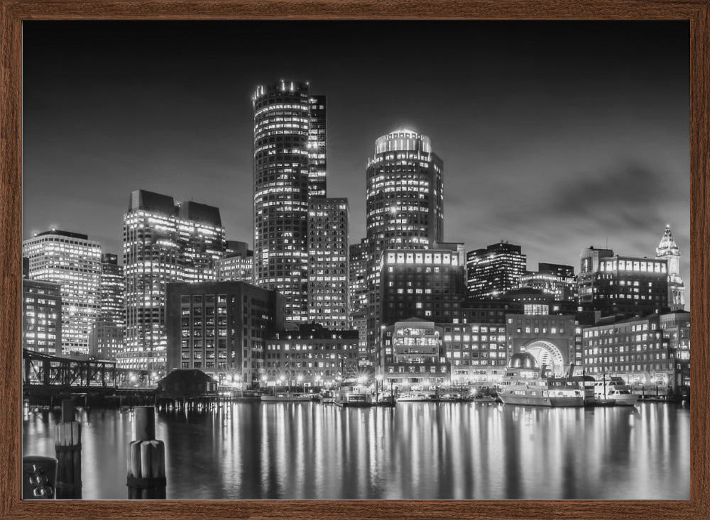 BOSTON Fan Pier Park &amp; Skyline in the evening - Monochrome Panoramic Poster