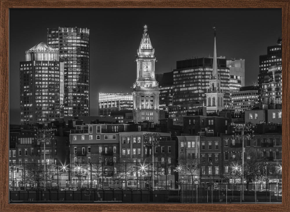 BOSTON Monochrome evening skyline of North End &amp; Financial District Poster