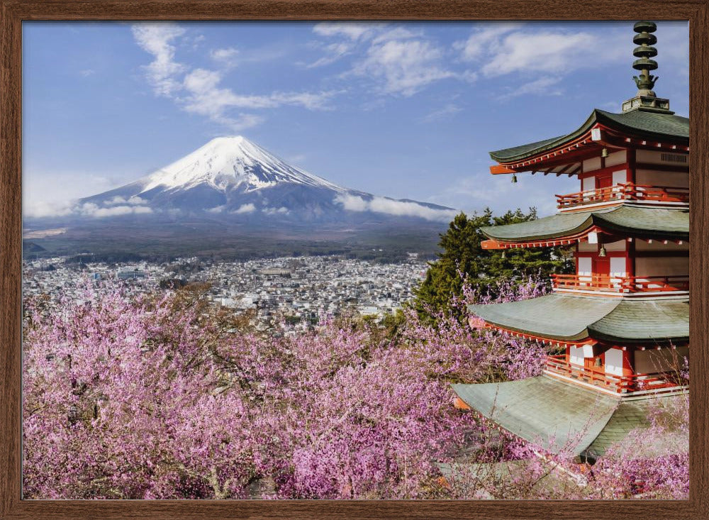 Gorgeous panoramic view of Mount Fuji with Chureito Pagoda during cherry blossom season Poster