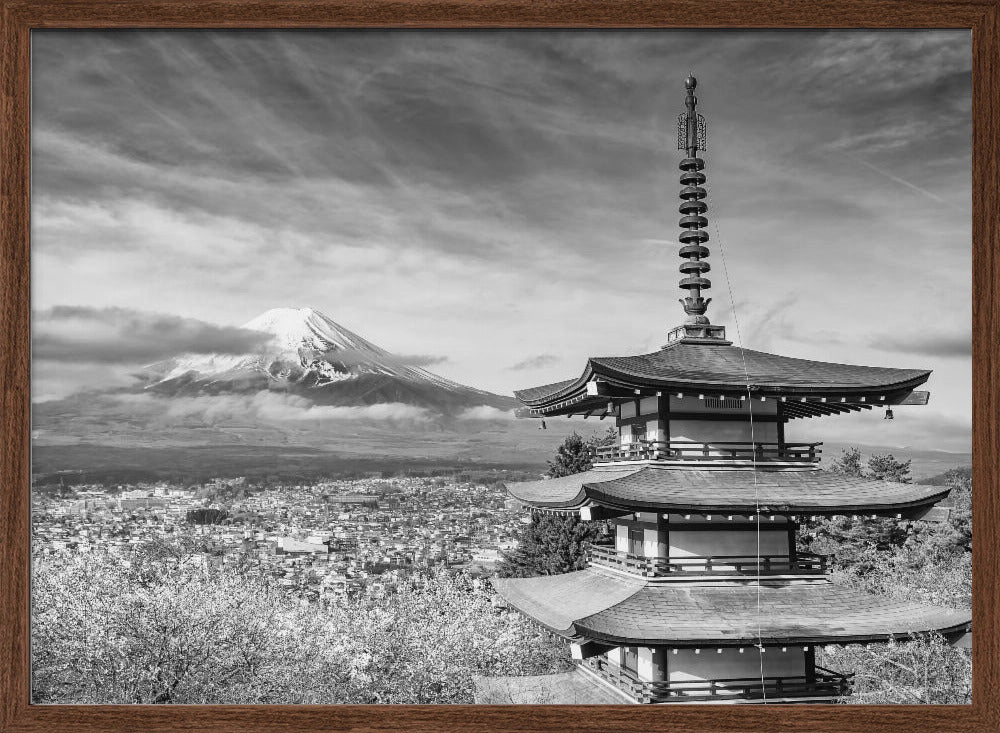 Magnificent view of Mount Fuji with Chureito Pagoda during cherry blossom season - monochrome Poster