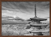 Magnificent view of Mount Fuji with Chureito Pagoda during cherry blossom season - monochrome Poster