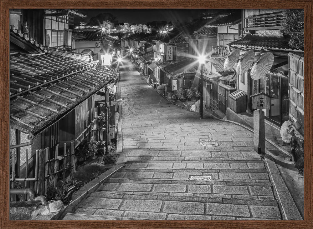 Ninen-zaka in historic Kyoto in the evening - monochrome Poster