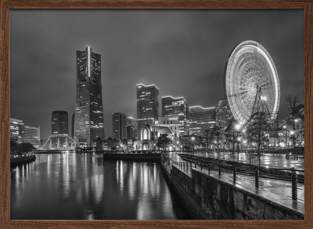 Dazzling Yokohama skyline at night - monochrome Poster