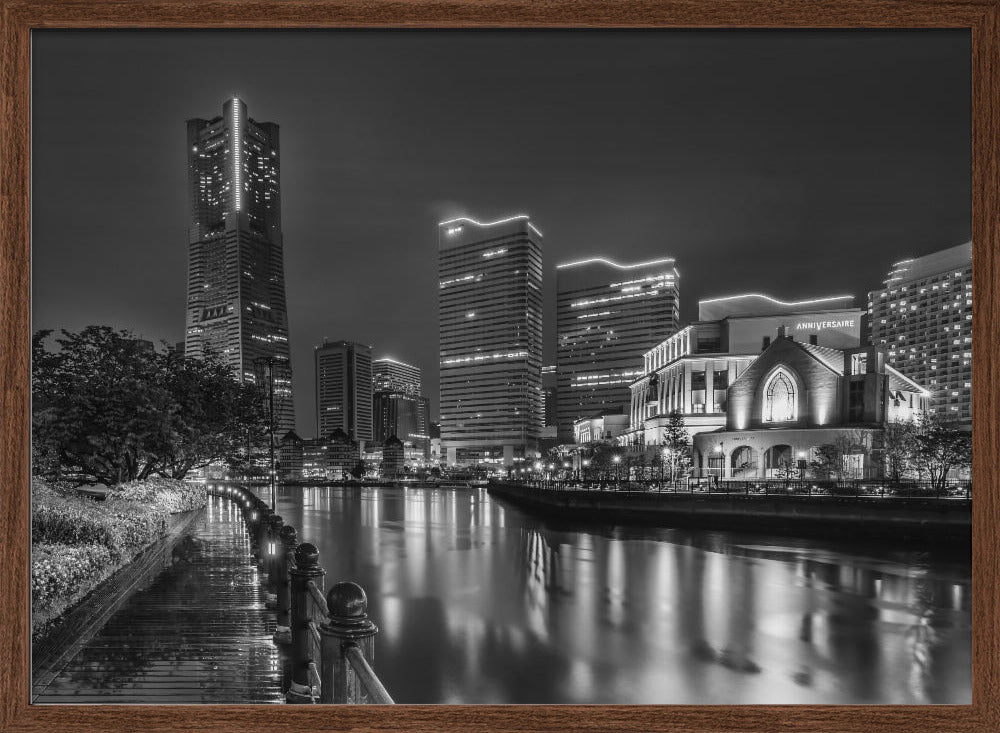 Fascinating Yokohama skyline at night - monochrome Poster