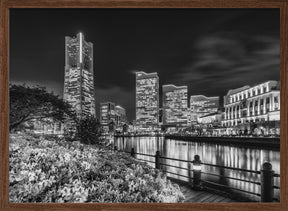 Idyllic Yokohama skyline at night - monochrome Poster