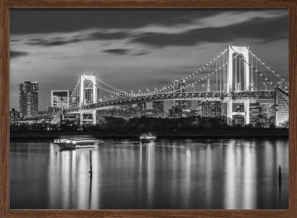 Charming Rainbow Bridge and Tokyo Skyline at sunset - monochrome panorama Poster