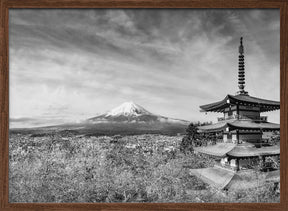 Magnificent panoramic view of Mount Fuji with Chureito Pagoda during cherry blossom season - monochrome Poster