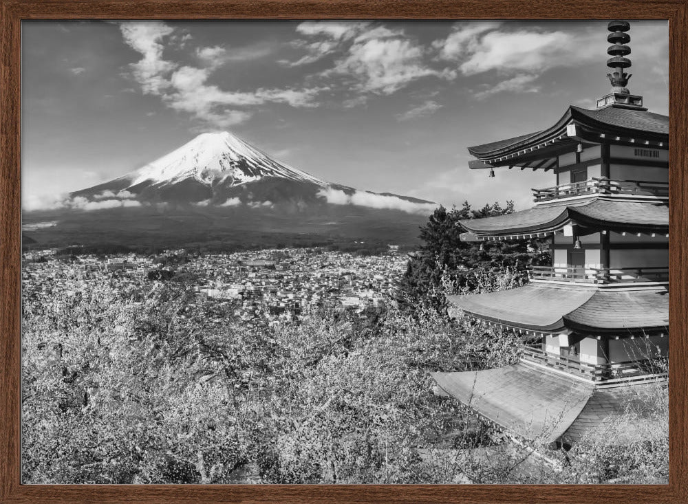 Gorgeous panoramic view of Mount Fuji with Chureito Pagoda during cherry blossom season - monochrome Poster