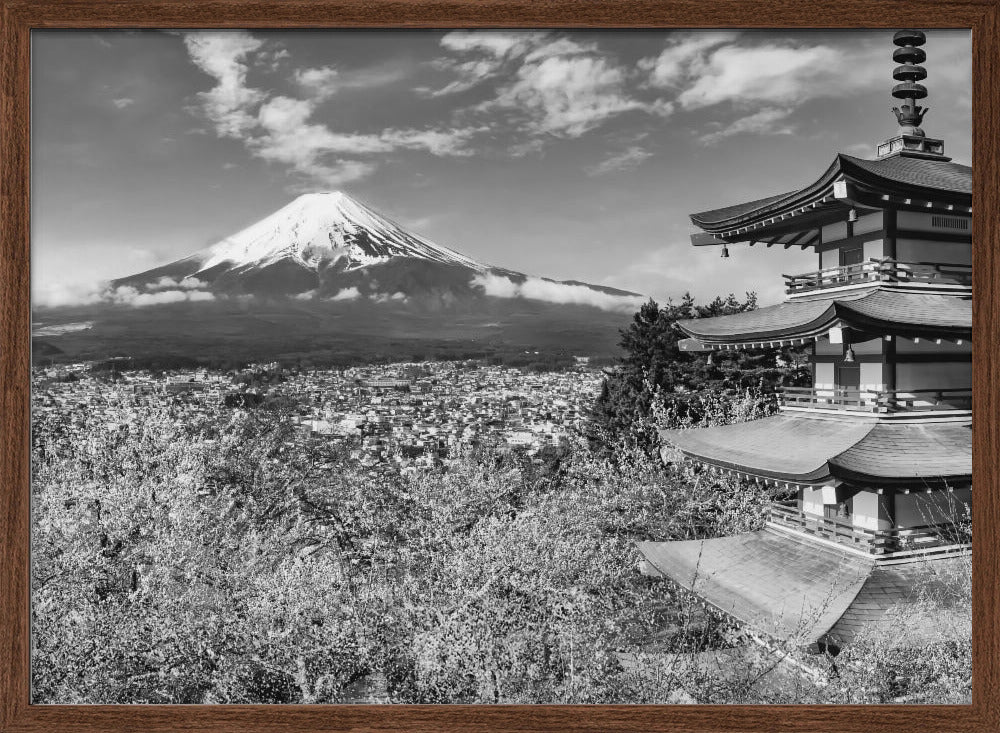 Picturesque view of Mount Fuji with Chureito Pagoda during cherry blossom season - monochrome Poster