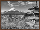 Picturesque view of Mount Fuji with Chureito Pagoda during cherry blossom season - monochrome Poster