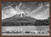 Idyllic Lake Shoji with majestic Mount Fuji - monochrome Poster