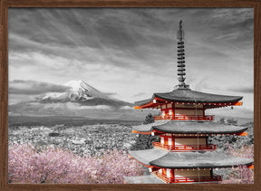 Magnificent view of Mount Fuji with Chureito Pagoda during cherry blossom season - colorkey Poster