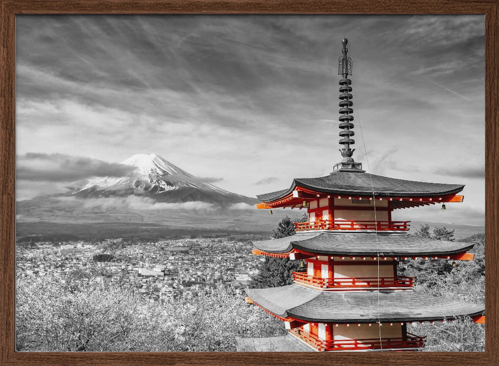 Magnificent view of Mount Fuji with Chureito Pagoda - colorkey Poster