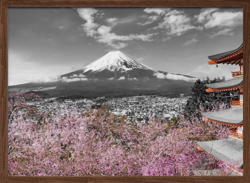 Idyllic panoramic view of Mount Fuji with Pagoda and Cherry Trees - colorkey Poster