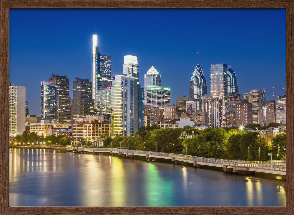 View of downtown Philadelphia from the South Street Bridge in the evening Poster