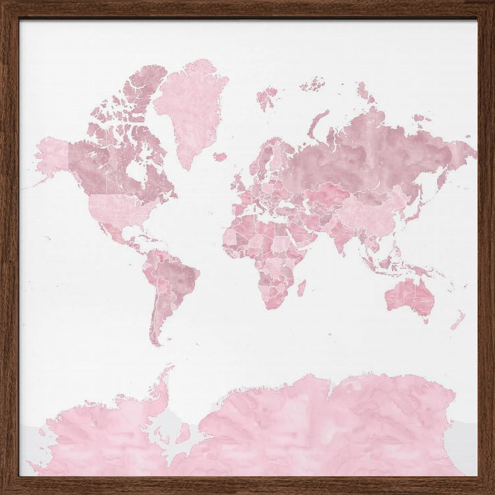 Pink watercolor world map with outlined countries, Melit Poster