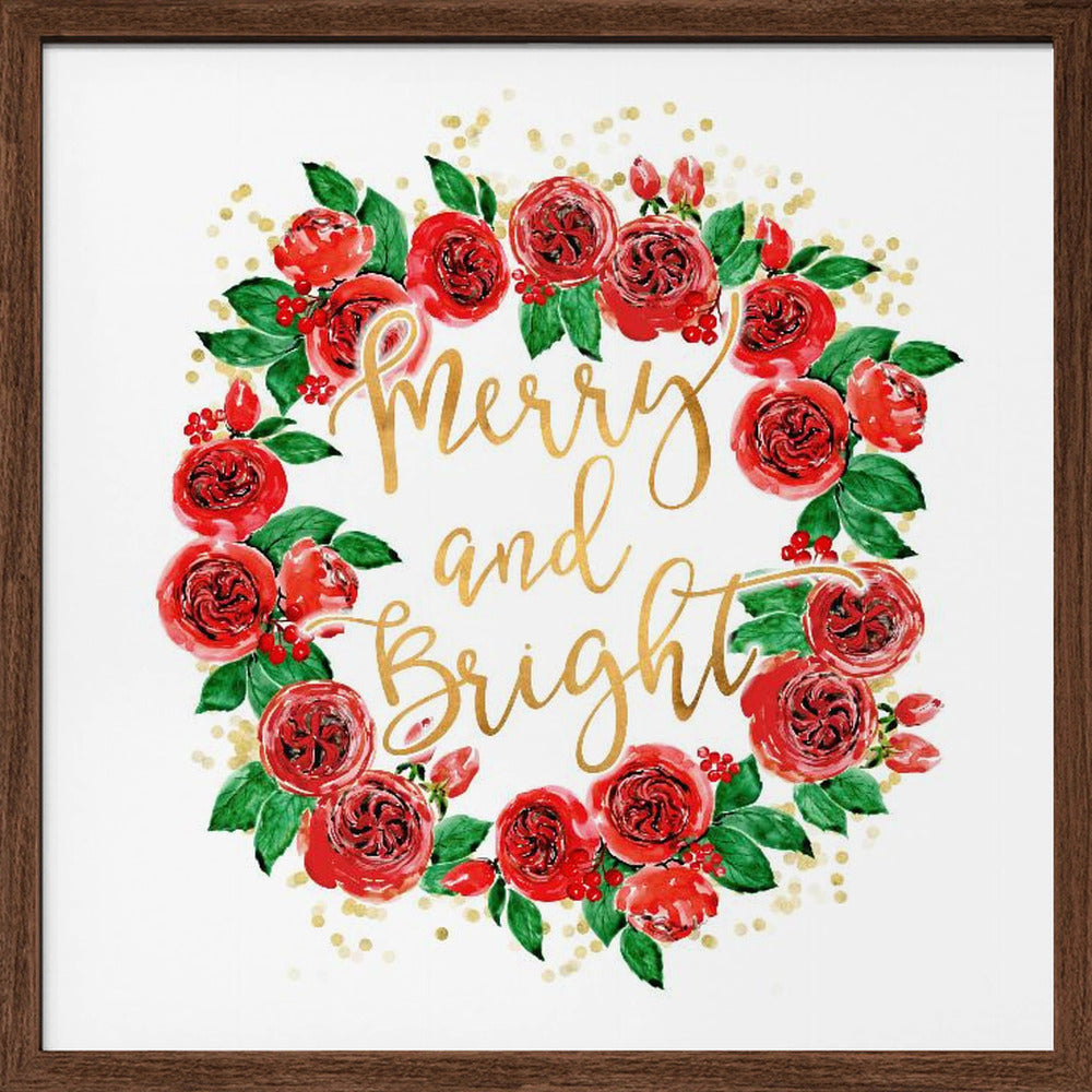 Merry and bright wreath of red English roses Poster