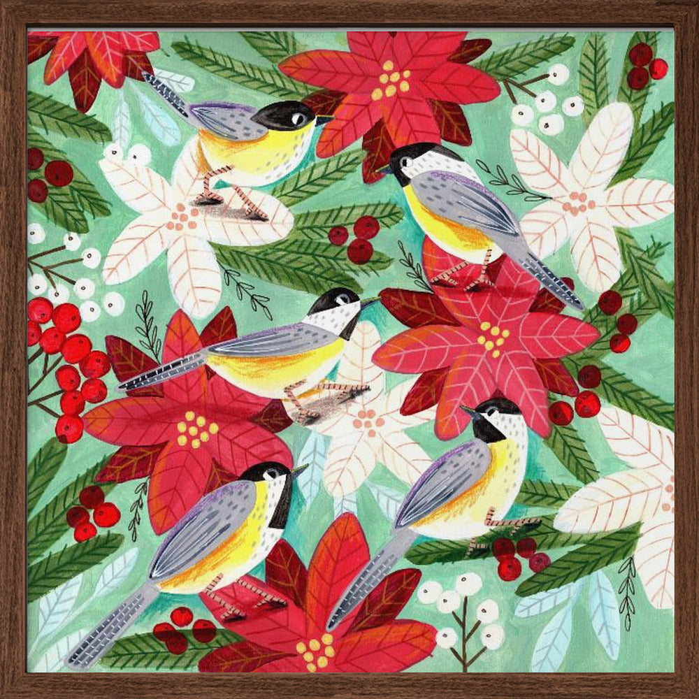 Winter birds tits and Christmas flowers Poster