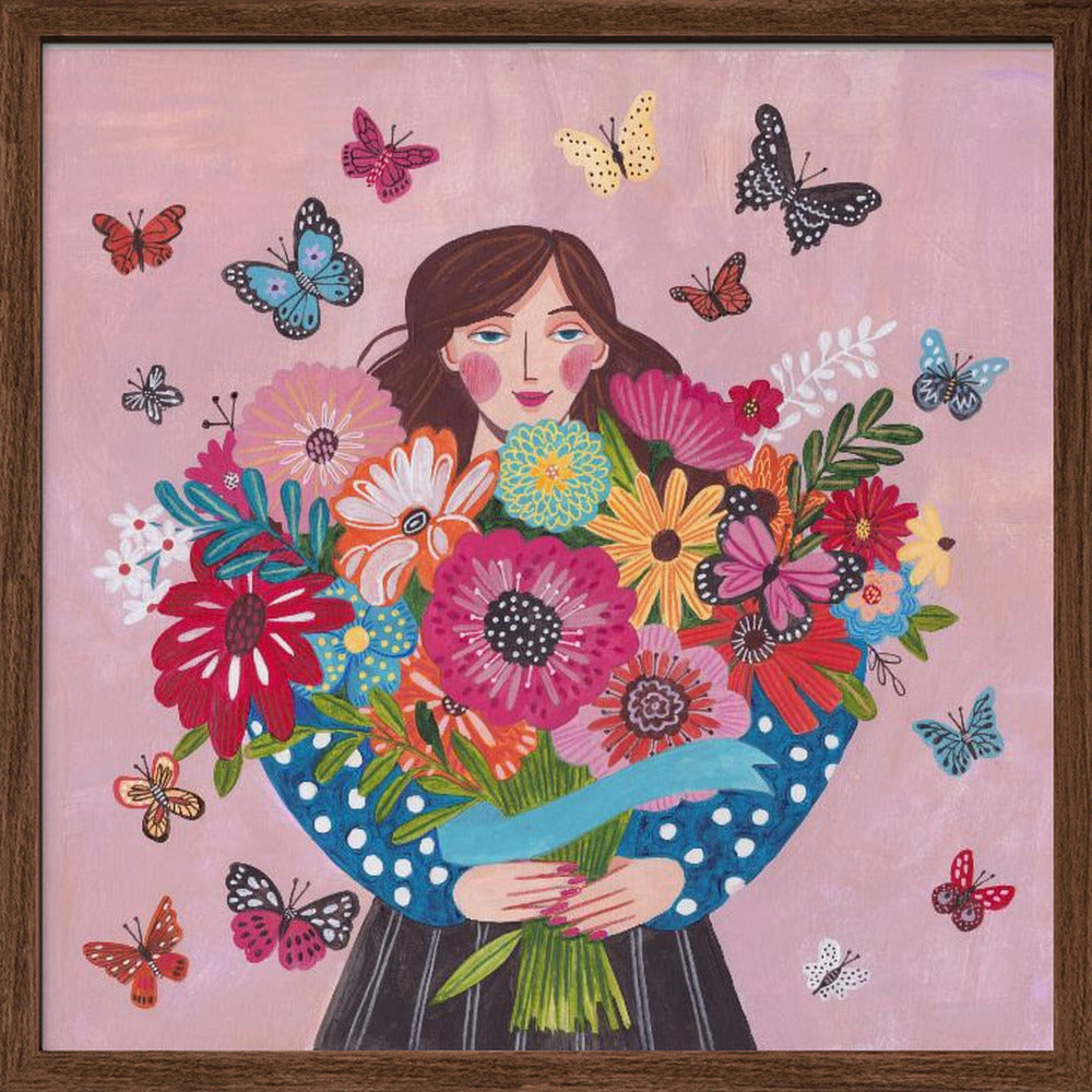 Woman with flower bouquet Poster