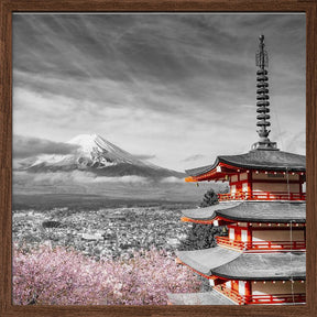 Lovely view of Mount Fuji with Chureito Pagoda during cherry blossom season - colorkey Poster