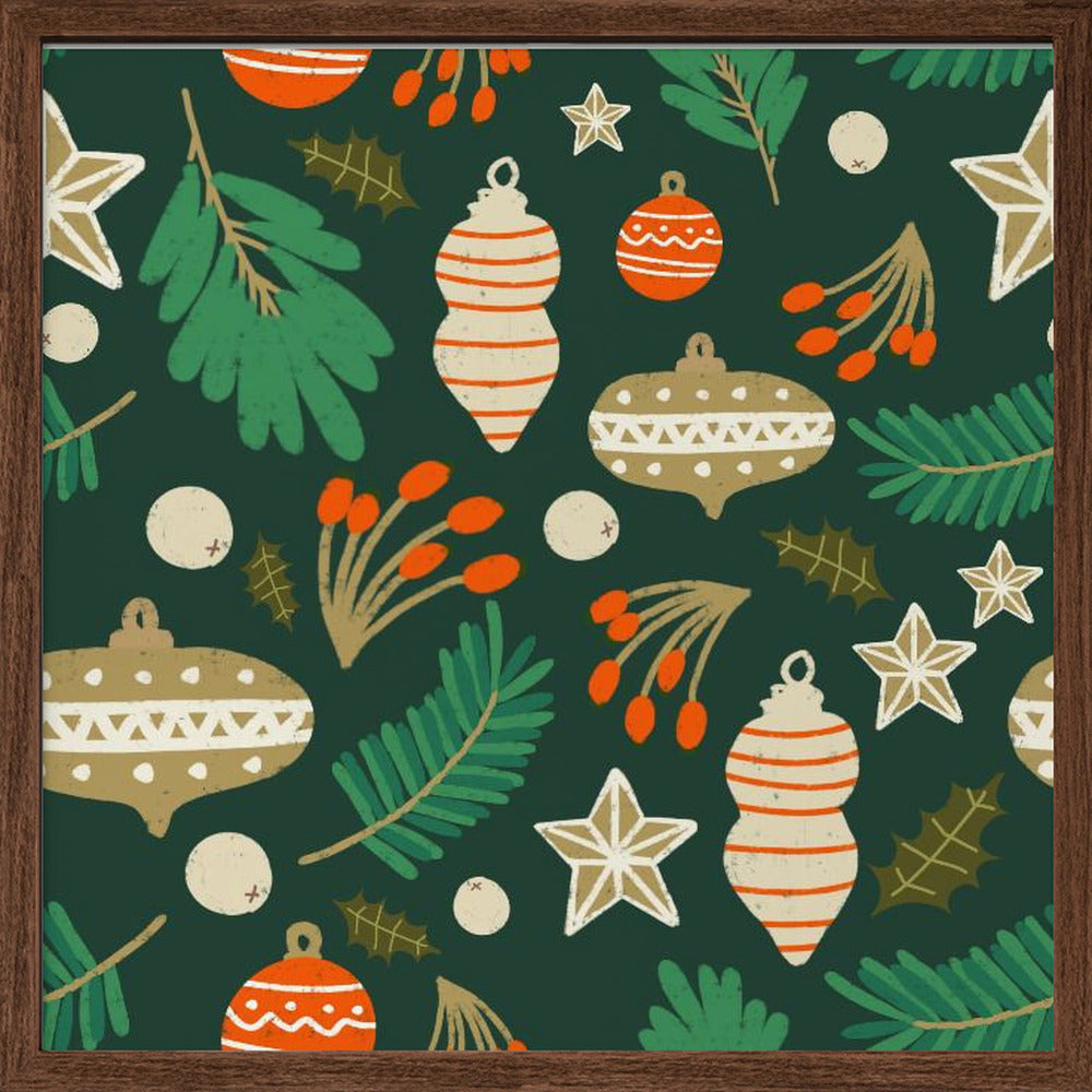 Christmas Baubles and Winter Foliage Green Poster