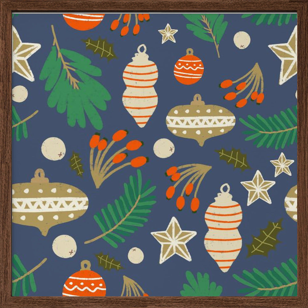 Christmas Baubles and Winter Foliage Blue Poster