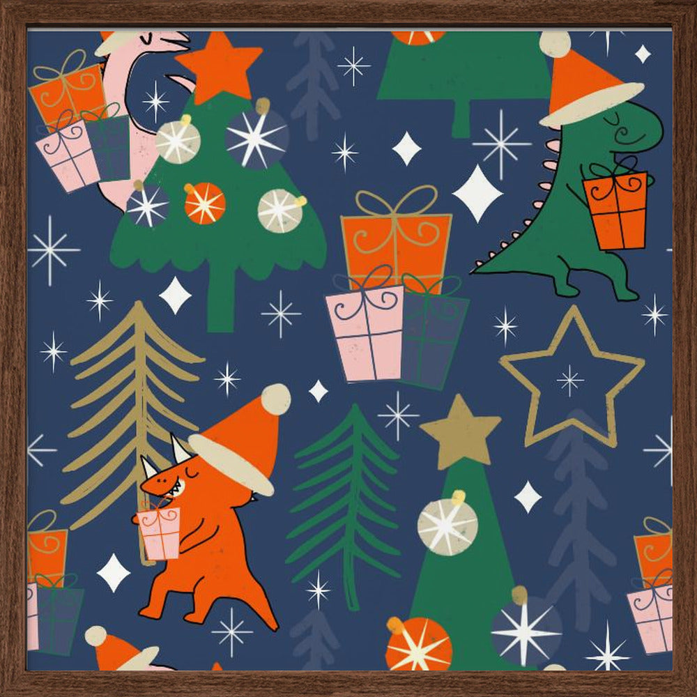 Dinosaurs Christmas Party Blue Poster