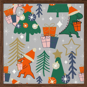 Dinosaurs Christmas Party Grey Poster