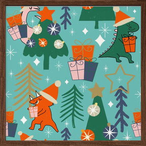 Dinosaurs Christmas Party Baby Blue Poster